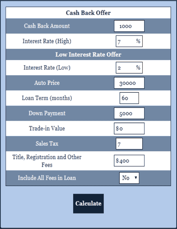 Cash Back vs. Low Interest Calculator Car Payment Calculator